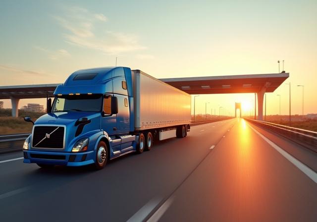 Logistics truck crossing the border at sunset