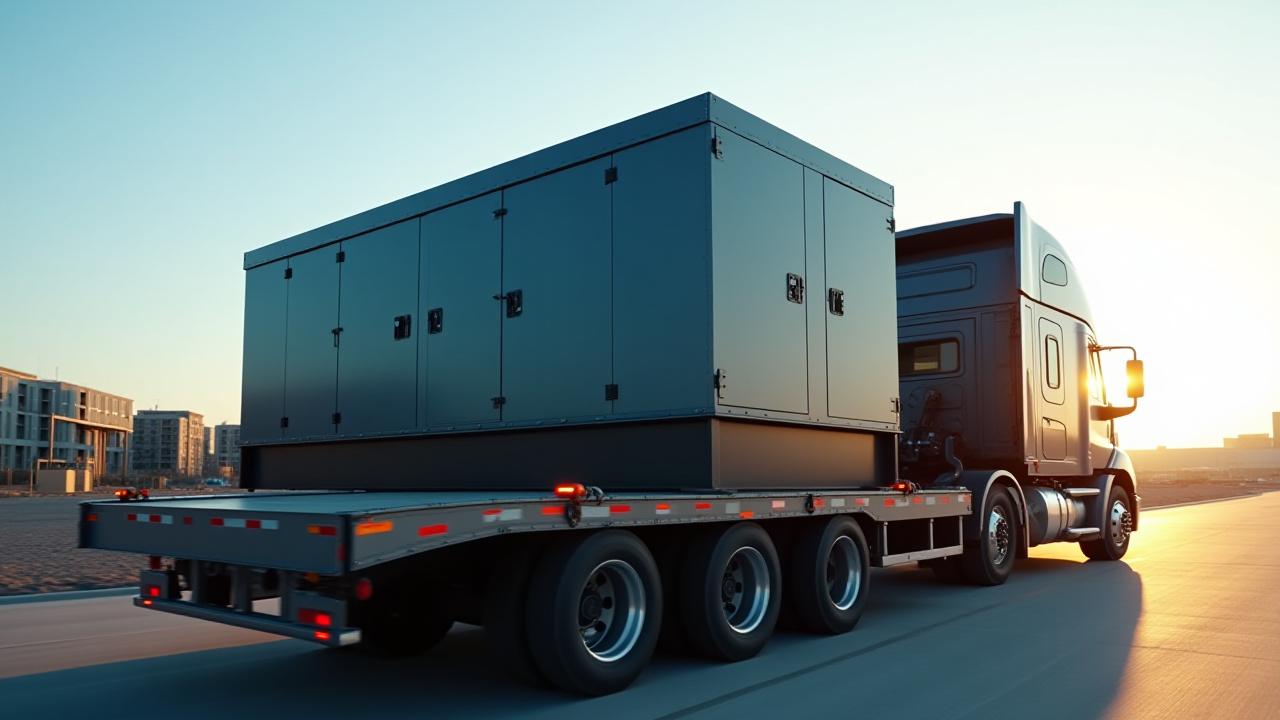 Specialized flatbed trailer transporting a large industrial generator for a data center project