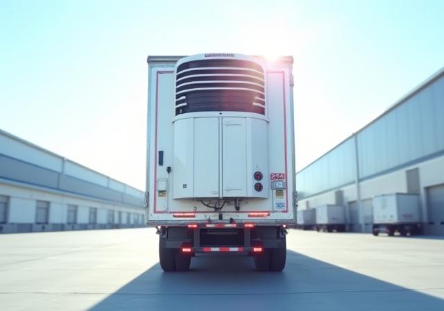 Modern white refrigerated tractor trailer with thermal monitoring equipment visible on the exterior
